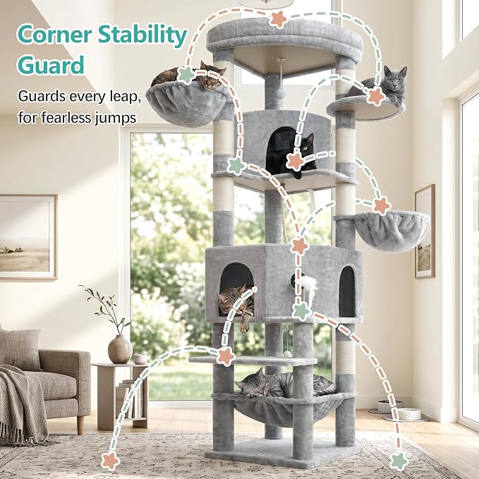 Cat Tree, 81.1" Skyward Corner Cat Tower for Large Cats with Diamond Hideout, Space-Smart Cat Furniture with Grand Platform, Firm Base, 3 Soft Hammock & Pet Relax Station, Light Gray VCT031W