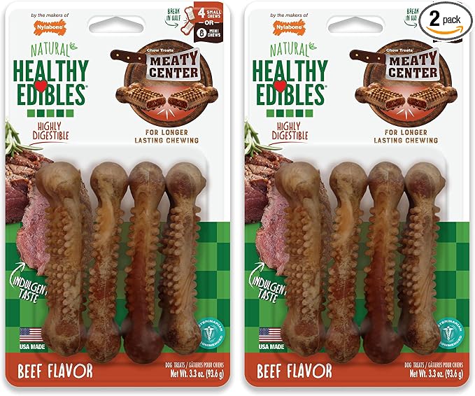 Nylabone Healthy Edibles Natural Dog Chews Long Lasting Chew Treats for Dogs, Roast Beef Flavor, X-Small/Petite (4 Count) (Pack of 2)