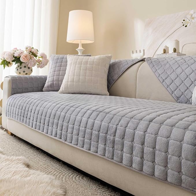 Velvet Washable Couch Cover for Pets Dogs, Non Slip Sectional Sofa Covers for 3 Cushion Couch Sofa L Sharped Sofa Slipcovers, Furniture Protector (1 PCS 36"x70", Light Grey)