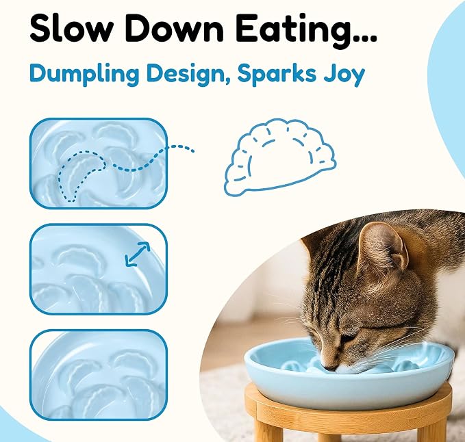 Slow Feeder Bowl, 6.3″ Elevated Cat Bowl with Stand, Melamine Wide Shallow Food Bowl, Whisker-Friendly Raised Plate, Wet Food Feeder for Slow Eating (Blue)