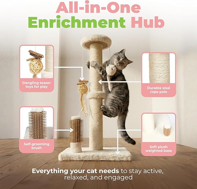Best Pet Supplies Catify Cat Scratcher, Fun Interactive Scratchers, Posts, Poles, Claw Safe, Furniture Saver Indoor Play Support Natural Cat Behaviors Heavy Duty - Beige Scratching Post - H: 25"