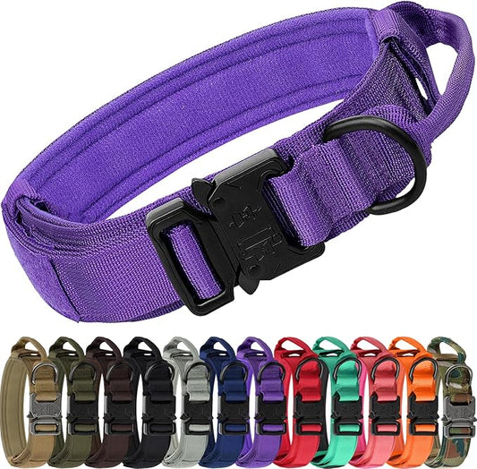 Joytale Tactical Dog Collar with Handle and Metal Buckle, Heavy Duty Padded Military Collar with 2 Patches for Training, Adjustable for XLarge Dogs, Purple, XL