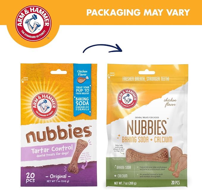 Arm & Hammer for Pets Nubbies Dental Treats Baking Soda Calcium Nubbed Texture Helps Scrub Plaque Tartar Chicken Flavor Daily Oral Care 20 Count 7 OZ Single Bag Daily Home Dental Care Bag