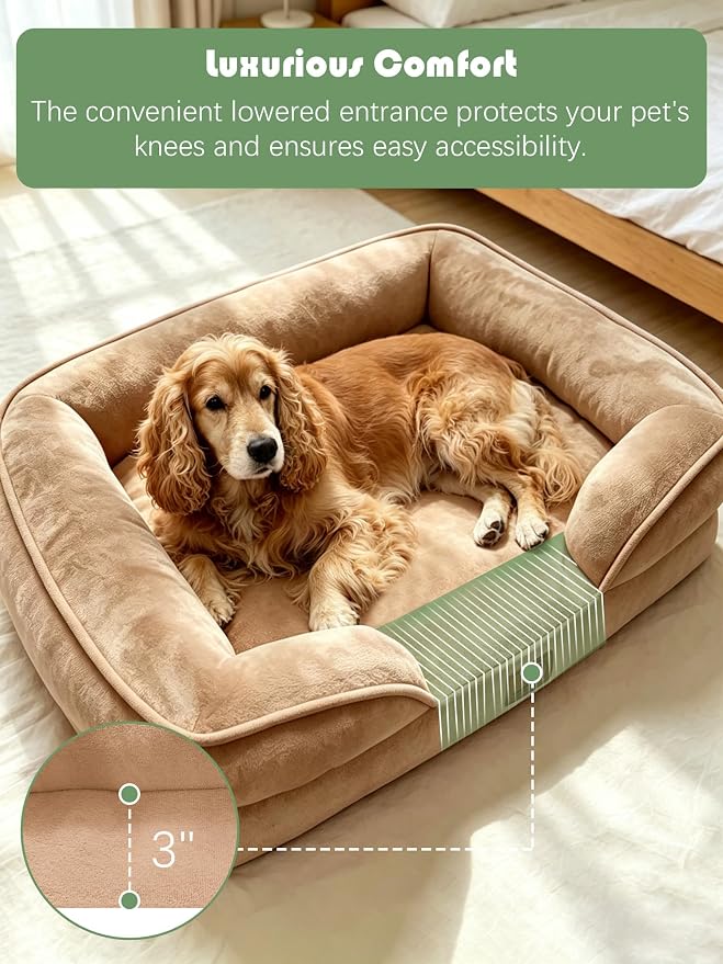 Spotted Play Orthopedic Dog Bed with Sides - Sofa Beds for Large Dogs, Supportive Foam Pet Couch Bed with Washable Removable Cover, Waterproof Lining and Non-Slip Bottom, Brown - L