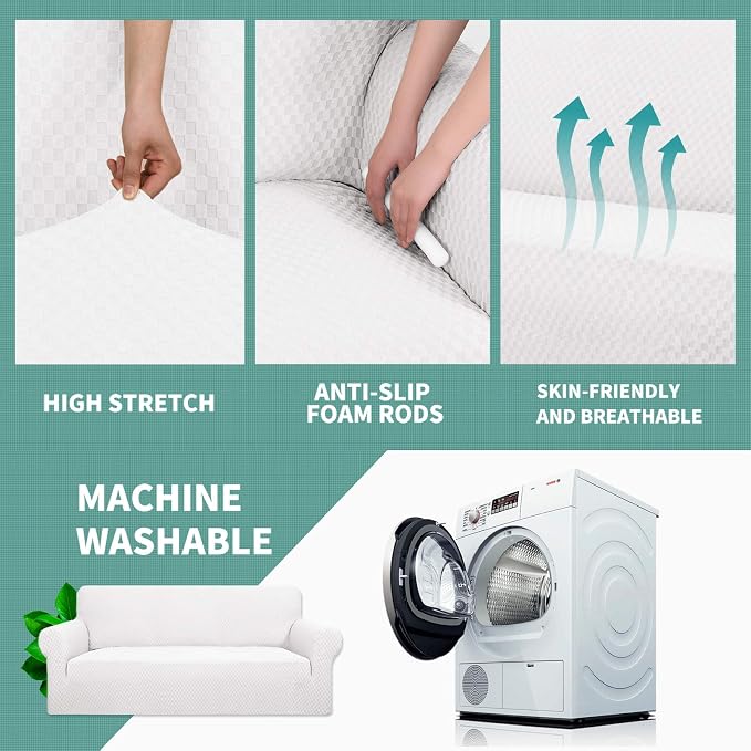YEMYHOM Couch Cover Latest Jacquard Design High Stretch Sofa Covers for 2 Cushion Couch, Pet Dog Cat Proof Loveseat Slipcover Non Slip Magic Elastic Furniture Protector (Medium, White)