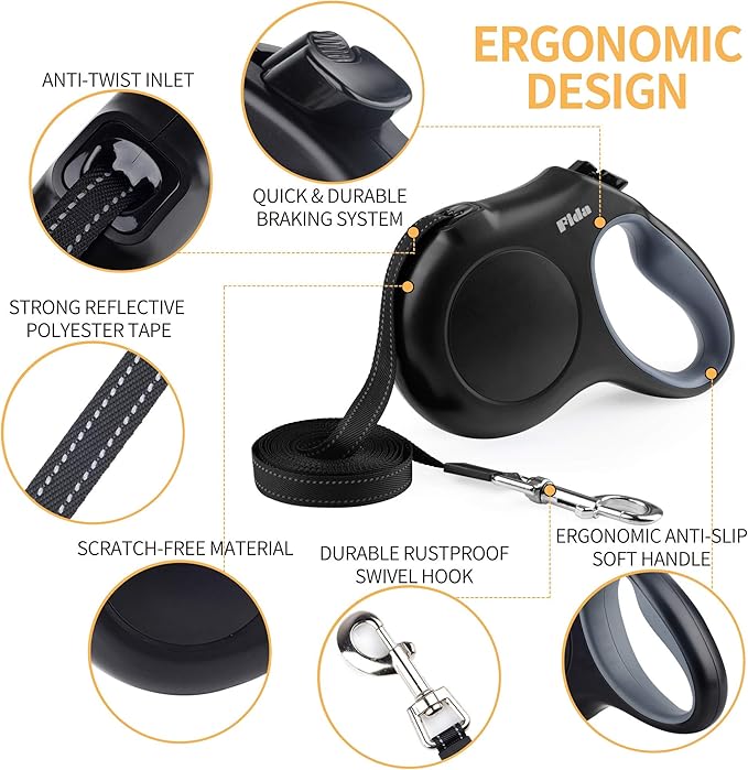 Fida Retractable Dog Leash with Dispenser and Poop Bags, 16 ft Pet Walking Leash for Medium Dog or Cat up to 44 lbs, Anti-Slip Handle, Tangle-Free, Reflective Nylon Tape (M, Black)