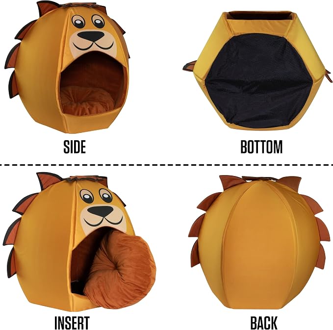 Maccabi Art Lion Theme Dog Bed - Cute Igloo Style Pet Bet - Fits Medium Dogs, Puppies, Cats - Pillow Insert with Plush Lined Interrior, Non-Slip Igloo Design - 25 x 25 x 22