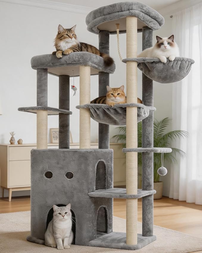 Heybly Cat Tree, 69.7 inches Secure Anti-Tip Cat Tower for Large Cats, Expansive Cat Furniture with Dual-Tier Cat Condo Villa, 2 Top Perches, Hammock & Full Sisal Scratching Posts, Light Gray HCT065W