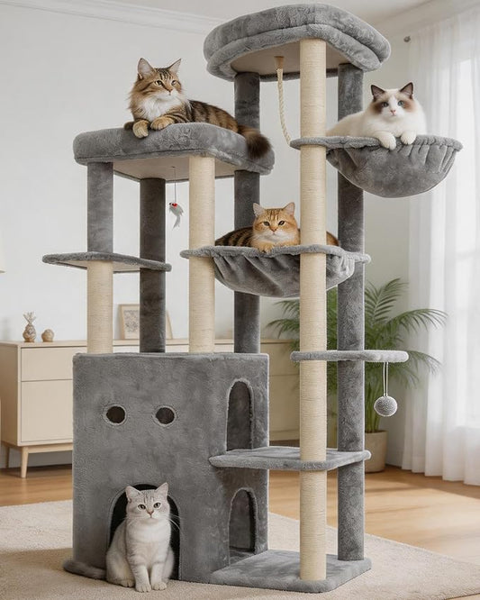 Heybly Cat Tree, 69.7 inches Secure Anti-Tip Cat Tower for Large Cats, Expansive Cat Furniture with Dual-Tier Cat Condo Villa, 2 Top Perches, Hammock & Full Sisal Scratching Posts, Light Gray HCT065W