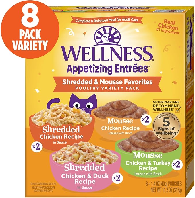 Wellness Appetizing Entrées Shredded and Mousse Variety Pack Adult Wet Cat Food, Natural, Protein Rich, Grain Free, Poultry Recipes, 1.4 oz, Pack of 8 Pouches