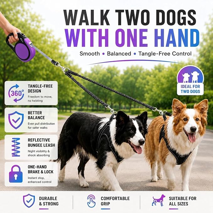 Double Retractable Dog Leash for Two Dogs Up to 50 lbs - 16 ft Coupler Leashes for Small Medium Dogs - One Locked System, Non Slip Grip, Tangle Free (Purple)
