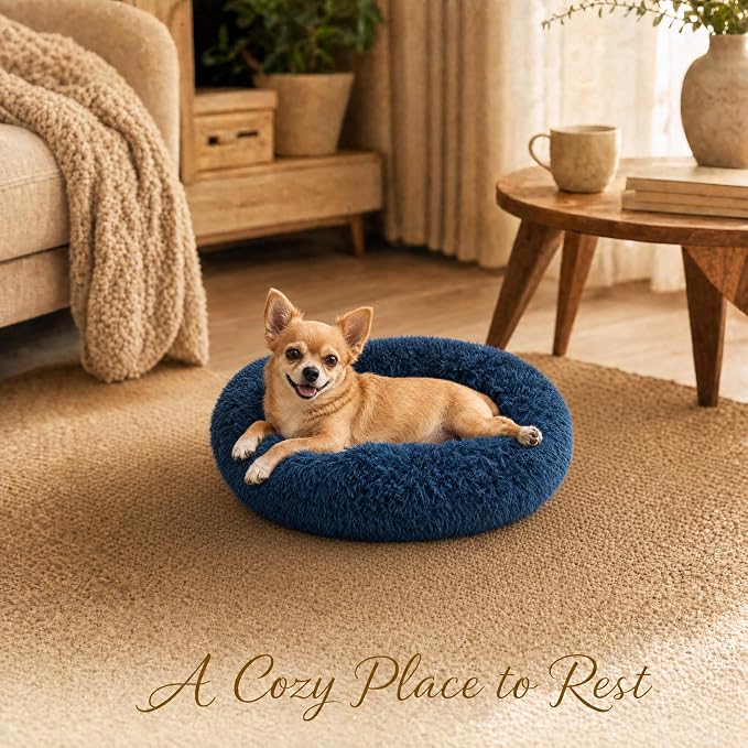 Tiny Dog Bed 15 Inch for Extra Small Dogs,Washable Puppy Bed,Soft Faux Fur Calming Donut Bed for Chihuahua Yorkie Maltese Pomeranian,Navy Blue