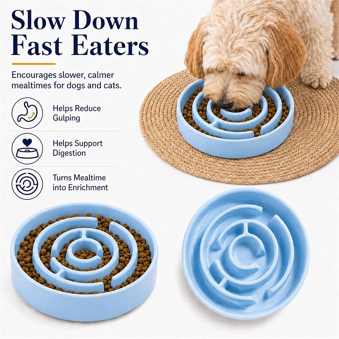 Ceramic Slow Feeder Dog Bowls with Anti-Slip, Slow Feeder & Non-Slip Design, Boredom and Anxiety Reducer, Suitable for All Breed Dogs and Cat (Ceramic-Blue)