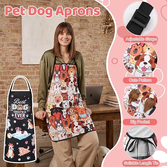 4 Pack Dog Grooming Aprons with 2 Pockets Adjustable Grooming Smock Apron for Dog Groomers Dog Cat Pets Cute Animals Bib Apron