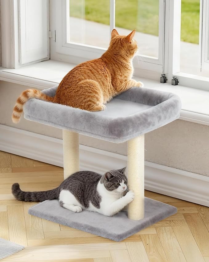 Cat Tree with Scratching Post, 19"×15.8" Large Top Perch Bed, Small Cat Tower for Indoor Cats, Dual Natural Sisal Posts, Space-Saving Cat Furniture (Light Gray)