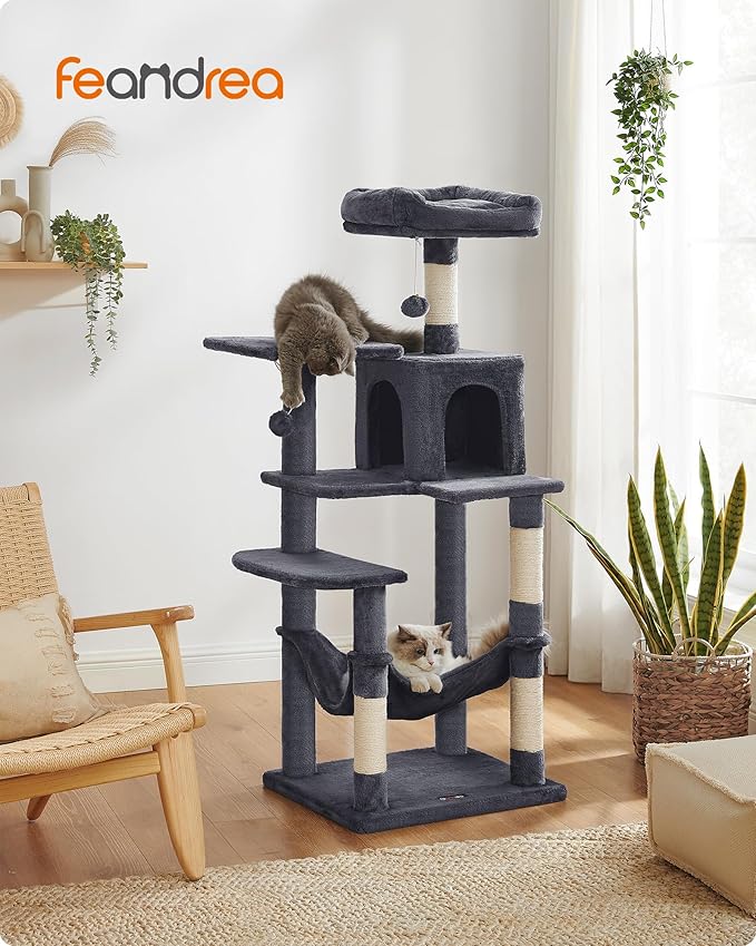 Feandrea Cat Tree, 54.2-Inch Cat Tower, Plush Multi-Level Condo with 4 Scratching Posts, 2 Perches, Hammock, Cave, Smoky Gray UPCT161G01