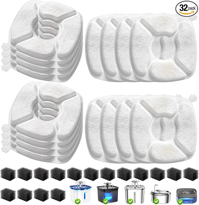 32 Pcs Cat Water Fountain Replacement Filters-16 Pack Cat Fountain Filters with 16 Pack Sponges, Enhanced Compatibility Pet Fountain Filter Fit for 95oz/2.8L 135oz/4L 67oz/2L Pet Drinking Fountain
