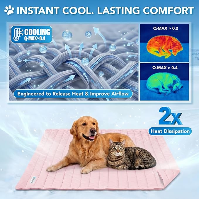PetAmi Dog Cooling Mat, Q-Max Pet Cooling Blanket with Thick Cushioning, Self Cooling Pad for Dogs & Cats, Reversible Summer Mat for Crate, Couch, Kennel, Pink, Small (24x32)