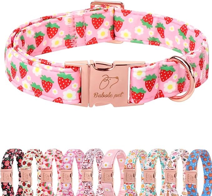 Strawberry Dog Collar for Medium Dogs - Adjustable Spring Summer Pink Girl Dog Collars, Cute Girly Female Pet Collar with Metal Buckle M