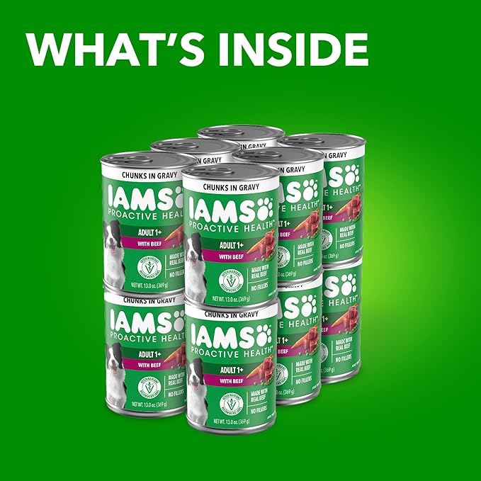 IAMS Proactive Health Wet Dog Food Adult, Canned Dog Food, Beef, Rice, Carrots & Green Beans Chunks in Gravy, 13 oz. Cans 12 Count (Pack of 2)