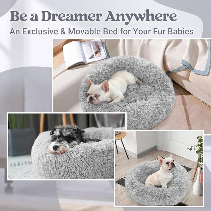 rabbitgoo Dog Bed for Small, 24 inches Machine Washable, Fluffy Donut Pet Bed Anti-Slip, Calming Soft Plush Round Cushion, Fits up to 18 lbs Pets, Light Grey