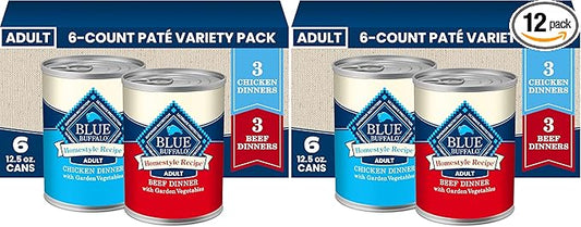 Blue Buffalo Homestyle Recipe Adult Wet Dog Food,Made with Natural Ingredients,Chicken and Beef Dinner Variety Pack,12.5-oz Cans,(Pack of 12)