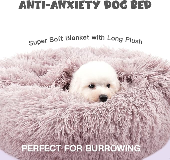 Himax Dog Beds for Small Dogs, Donut Dogs Beds with Blanket Attached, Calming Dog Bed Washable (20"/26"/35") Beige