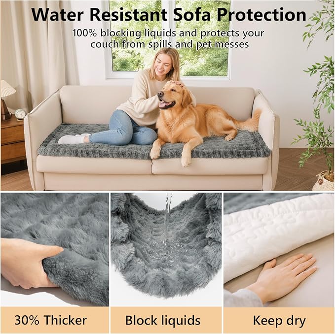 FUNNY FUZZY Pet Couch Cover for Sofa, Thick Waterproof Couch Cover for Dogs Washable, Water Resistant Pet Friendly Faux Fur Pad Soft Bed Mat Non Slip for Couches and Sofas, Grey, 27.6"×59.1"