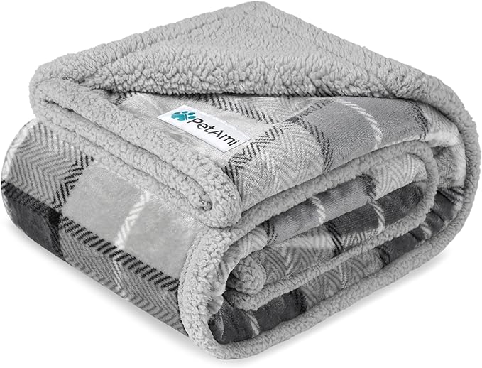 PetAmi Waterproof Dog Blanket for Couch, Extra Large 80x60, Pee Proof Sherpa Fleece Reversible Pet Throw, Furniture Protector for Bed Sofa Crate Kennel, Soft Washable Cover for Dogs, Plaid Light Grey