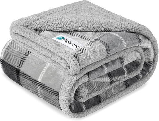 PetAmi Waterproof Dog Blanket for Couch, Pee Proof Fleece Reversible Pet Throw, Furniture Protector for Bed Sofa Kennel, Soft Washable Cover for Small Medium Dog Puppy Cat, 29x40 Plaid Light Grey