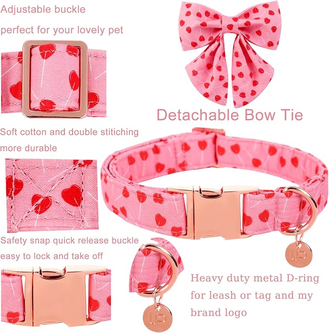 Valentine Dog Collar with Bow Tie, XL, Cotton Collar with Durable Metal Buckle, Red Heart, Neck 16-26in