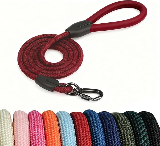 Rope Dog Leash 6FT, Rope Dog Leather Leash, Dogs Lead, Comfortable Leather Handle, Puppy Leashes, Strong Nylon Pet Lead for Small, Medium, Large (Red, 6 Feet)