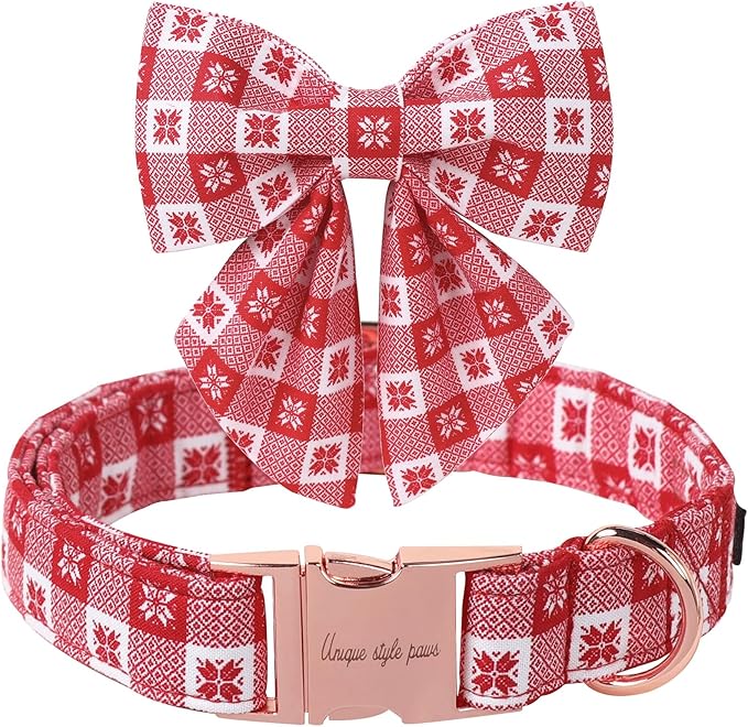 Unique Style Paws Christmas Day Dog Collar with Bowtie Red Christmas Papercut Cotton Puppy Collars for Small Medium Large Dogs