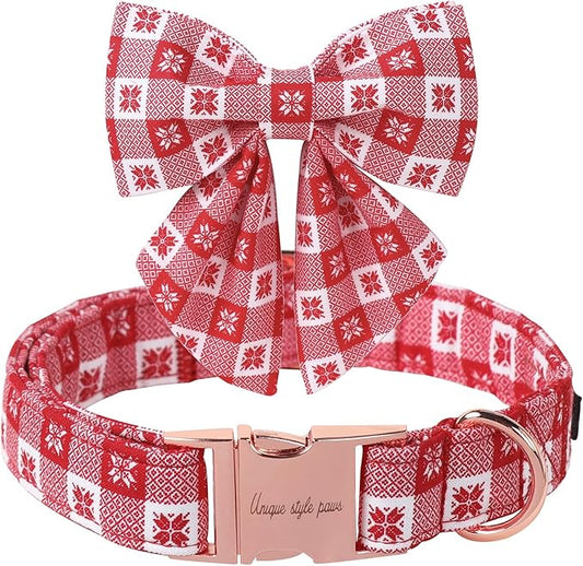 Unique Style Paws Christmas Day Dog Collar with Bowtie Red Christmas Papercut Cotton Puppy Collars for Small Medium Large Dogs