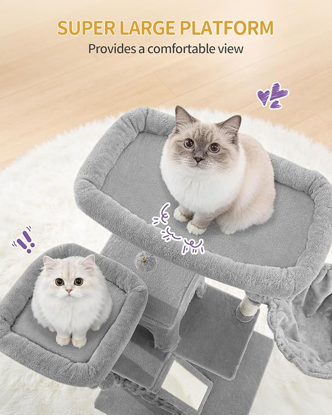 Hzuaneri Large Cat Tree, 72 Inch Tall Indoor Cat Tower for 6 Large Cats, Corner Climbing Activity Pet Condo with 2 Large Platforms/2 Cats House/6 Scratching Post/1 Hanging Basket, Light Gray MS18318LG