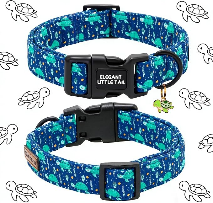 Elegant Little Tail Summer Dog Collar, Blue Turtle Pattern Soft Cotton Pet Collars with Sturdy Quick Release Buckle Male Adjustable Pet Collar for Small Medium Large Dogs