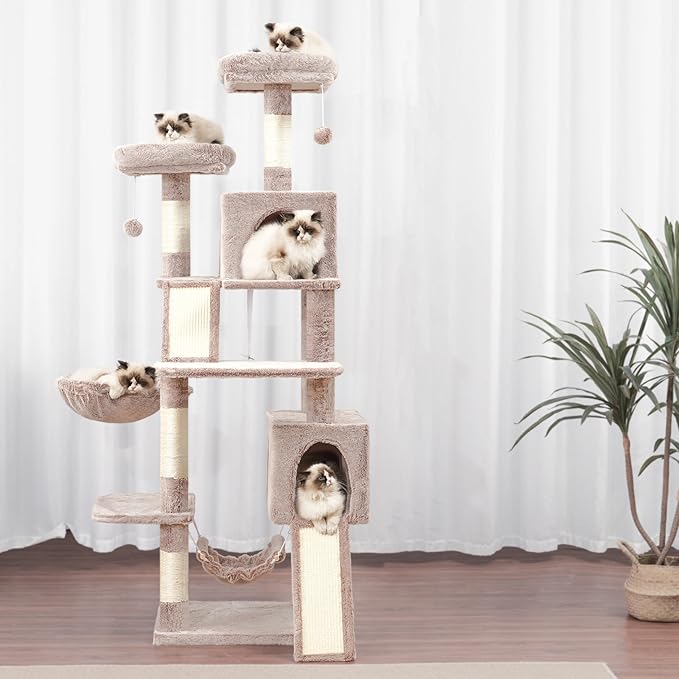 Gitelsnour Cat Tree for Indoor Cats, 71'' (180cm) Multi-Level Cat Tower for Large Adult, Sturdy Cat Tree House with 2 Scratching Boards 7 Posts, 2 Plush Perches/Condos, Hammock, Muchroom GCT032MU