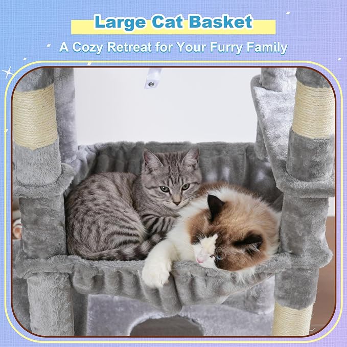 Hey-brother Cat Tree Tower, Scratching Posts with Extra Large Platform and Basket, Specious Condo, 2 Cozy Hammocks, Scratch Board for Indoor Adult Cats, Maine Coon 71.7 inches, Light Gray MPJ080W