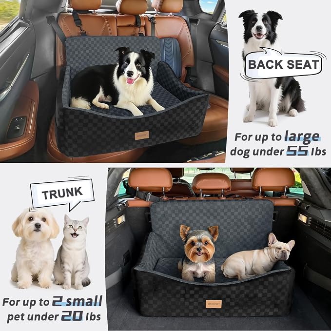JOEJOY Dog Car Seat for Medium/Large Dogs - Reversible Dual-Sided Travel Dog Car Bed with Memory Foam, Washable Pet Booster Seat for Dogs up to 55 lbs or 2 Small Dogs, 2 Safety Leashes, Dark Grey