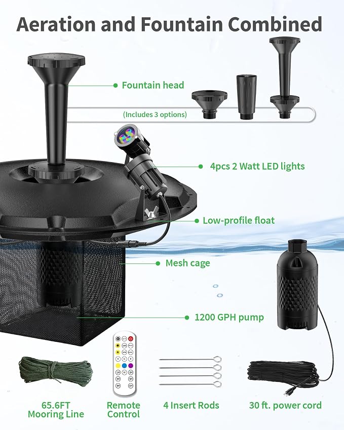 POPOSOAP Floating Fountain with LED Lights, Pond Fountain and Aerator Complete Kit with 1200GPH Water Pump 30FT Power Cord, 3 Spray Styles for Ponds, Pool, Lakes & Water Gardens P145