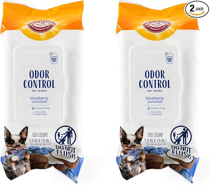Arm & Hammer for Pets Odor Control Wipes for Dogs, Best Odor Eliminating Waterless Cleaning for Dogs & Puppies | Blueberry Coconut Scent, 100ct (Pack of 2)