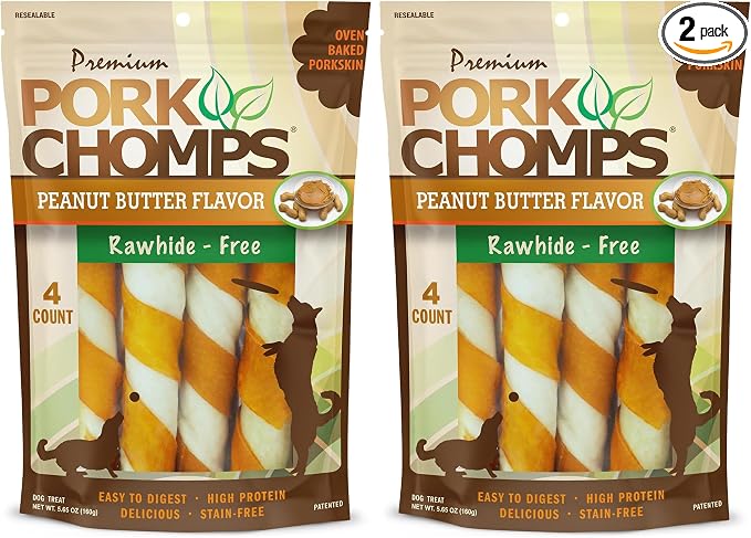 Pork Chomps Baked Pork Skin Dog Chew, 6-inch Twists, Peanut Butter Wrap, 4 Count (Pack of 2)