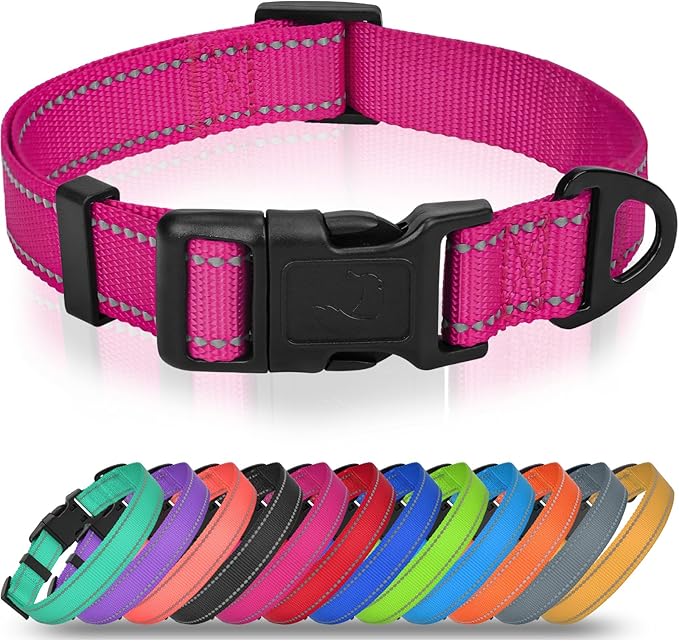 Joytale Dog Collar for Large Dogs, Strong Double-Sided Reflective Nylon Collar for Night Safety, Adjustable Quick-Release for Daily Walking, Hotpink, L (1" Width)