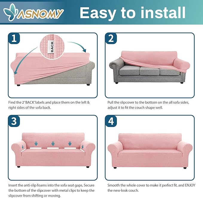 Asnomy Couch Covers for 3 Cushion Couch Stretch Sofa Covers Slipcovers, Pet Protector Furniture Covers for Dogs Cats Spandex Jacquard Fabric Small Checks （Large，Pink）