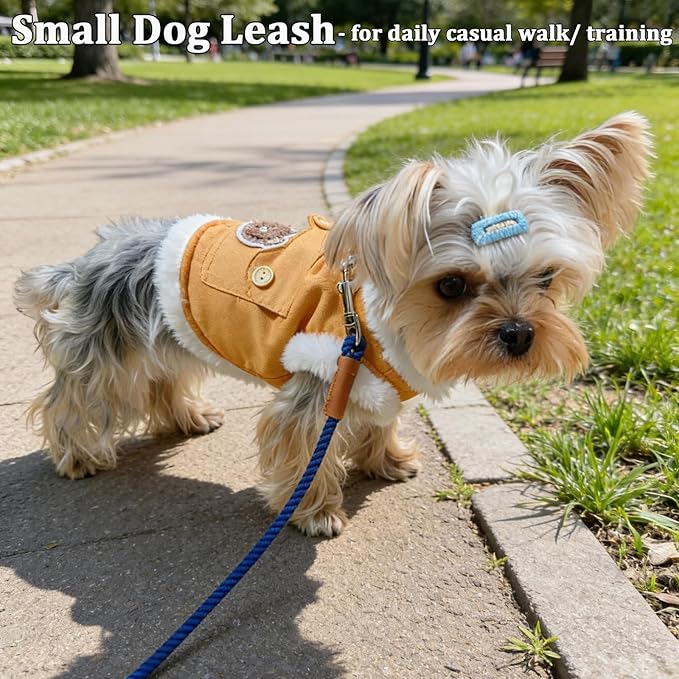 5 FT Puppy Leash for Small Dogs - 1/5" Lightweight & Soft Cotton Braided Rope Dog Leash for Tiny Breeds/Cats Daily Walks Training, Blue