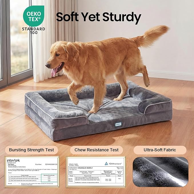 OhGeni Orthopedic Dog Bed Couch Big Cat Sofa for Extra Large Sized Pets with Memory Foam, Machine-Washable Waterproof Removable Cover, Soft Comfortable Fabric, 41-inch (Gray)