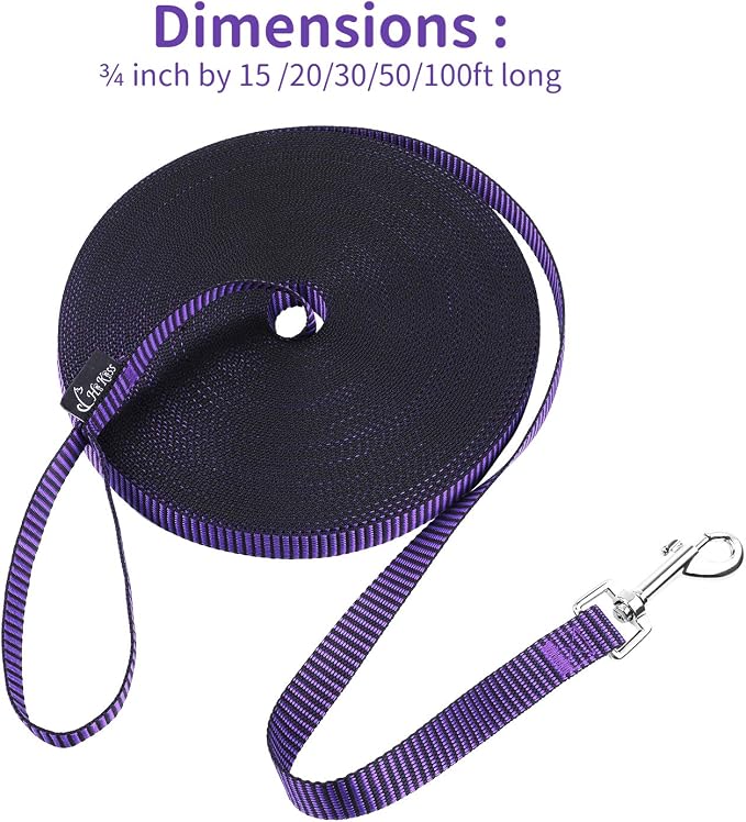 Hi Kiss Dog/Puppy Obedience Recall Training Agility Lead - 15ft 20ft 30ft 50ft 100ft Training Leash - Great for Training, Play, Camping, or Backyard(15ft,Black_Purple)