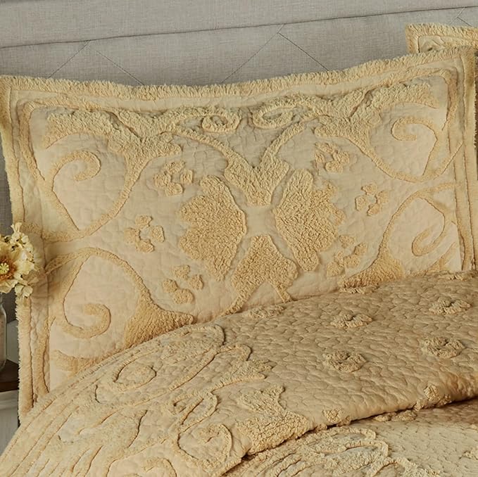 Lorenza Pure Cotton Chenille Bedding | Buttercup Yellow | Soft Tufted Scrollwork and Floral Designs | Solid Color 3-Piece Quilted Bed Set includes Oversized California King Quilt and 2 King Shams
