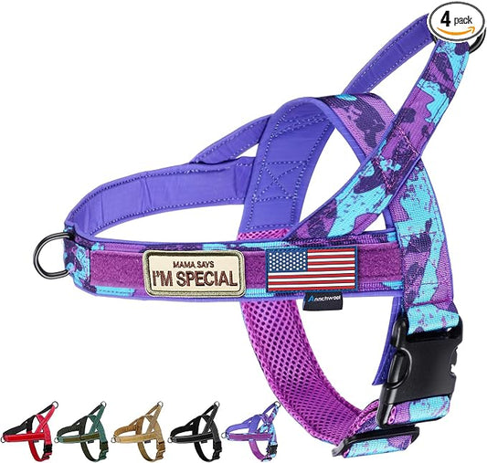 Annchwool No Pull Dog Harness with Soft Padded Handle-Escape Proof and Quick Fit to Adjust Dog Harness-Easy for Training Walking for Small & Medium and Large Dogs(Camo Purple,XS,1 in Width)