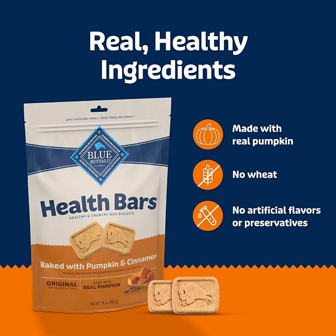 Blue Buffalo Health Bars Pumpkin & Cinnamon Crunchy Dog Biscuits, Oven-Baked with Pumpkin & Natural Ingredients, Healthy Dog Treats with No Artificial Flavors or Preservatives, 16 oz.
